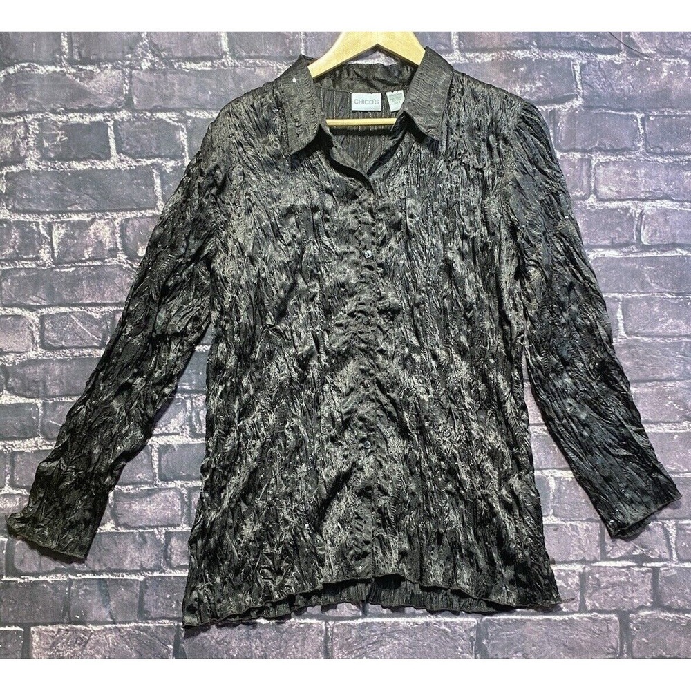 Chicos Black Crinkle Sequin Whimsigoth Button Down Shirt Womens XL Fairy Grunge